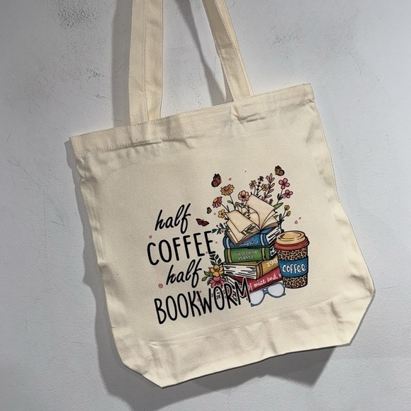 Canvas book tote reusable bookworm coffee addict NEW handmade gift - Picture 2 of 2